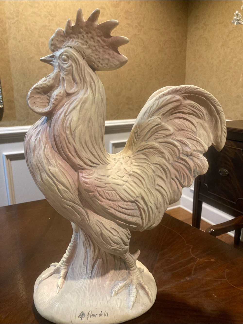 Fleur de Lis Collection Cream & Light Pink Rooster Figurine
